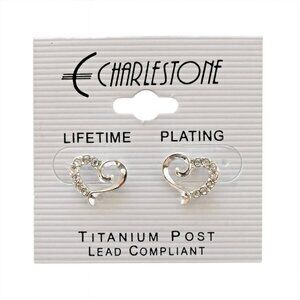 NEW Rhinestone Heart Earrings Silver Tone Lead Free